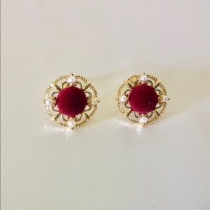 Handmade red velvet clip on earrings